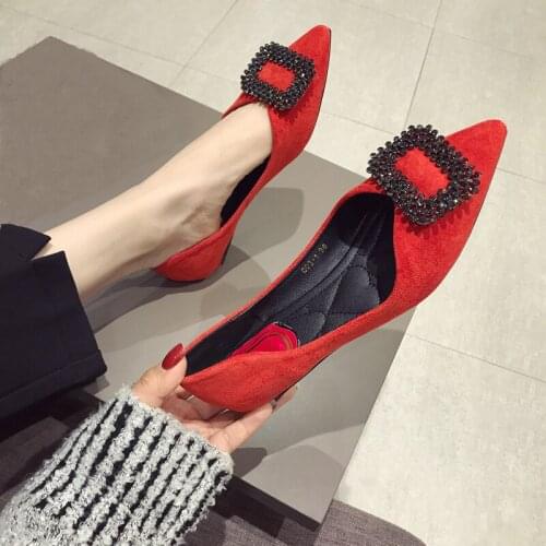 Spring Autumn Pointed Toe D'Orsay Flats Women Flock Leather Crystal Square Buckle Slip On Low Heels Black Red Zapatos Mujer