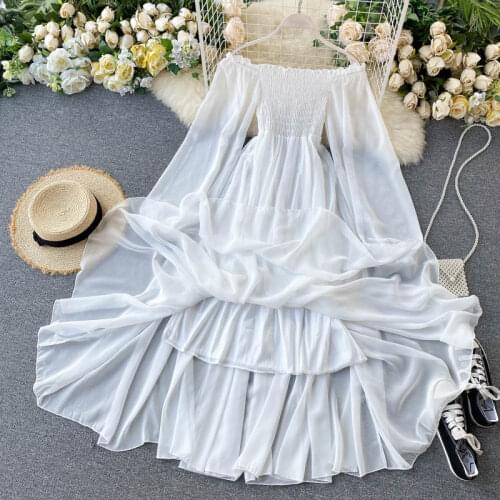 Spring Autumn Women Elegant Holiday Dresses Puff Sleeve Slash Neck Off Shoulder Smocked White Chiffon White Waistline Dress