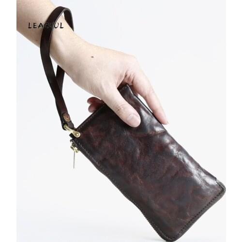 Vintage Genuine Leather Long Wallet Simple Men Women Bag Zipper Clutch Coin Purse Phone Wristlet Portable Handbag For Business
