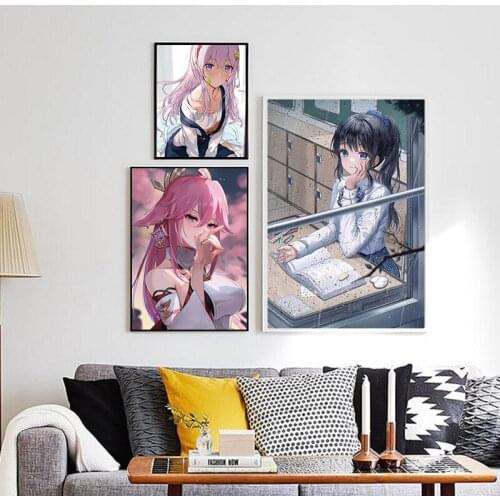 Japanese Anime Girl Posters Kawaii Wall Art Decor Comics Cute Girl Picture Silk Spun Cloth Painting for Living Room Bedroom Dorm