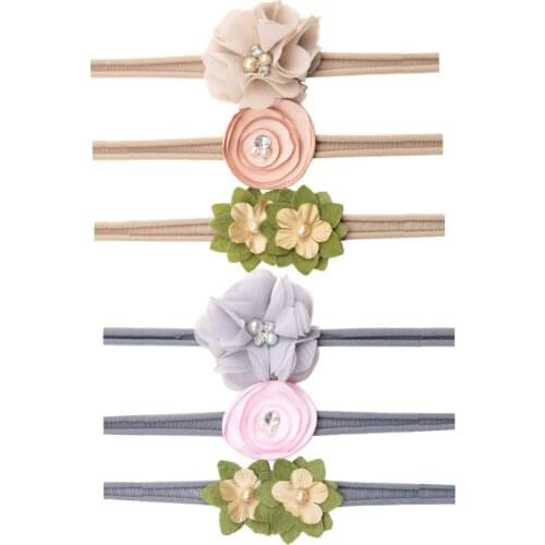Yundfly 3pcs/lot Baby Nylon Headbands Boutique Nylon Bows Hairbands with Hand Sewing Beads Flower for Newborns Infants