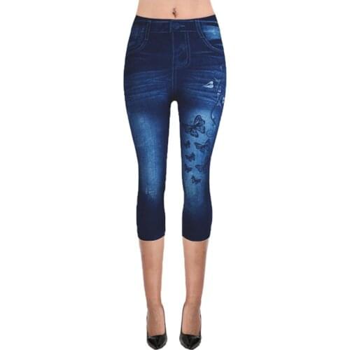Womens Jeans Fashion Stretch Tight Denim Leggings Ladies Cropped Trousers Short Leggings Butterfly Print High Waist Women