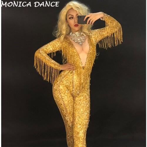 Rhinestones Sparkly Gold Stones Tassel Jumpsuit Sexy Bodysuit Female Singer Evening Stage Wear Womens Birthday Celebrate Outfit