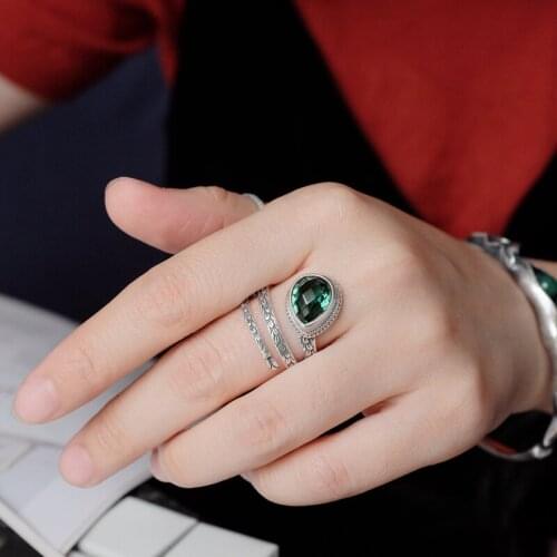 L&P Elegant Fashion Green Crystal Rings 100% 925 Sterling Silver Ring For Women Bali Ethnic Jewelry Wholesale For Christmas Gift