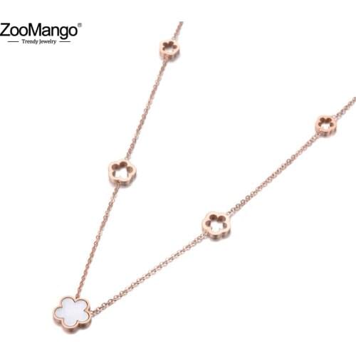 ZooMango Original Design Titanium Steel 5Pcs Flower Charm Pendant Jewelry Rose Gold Shell Wedding Necklaces For Women ZN19100