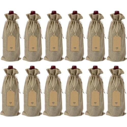 12 Pieces Burlap Wine Bags Jute Wine Bottle Bags with Drawstrings Reusable Wine Gift Bags with Tags for Party Blind Tasting Birt