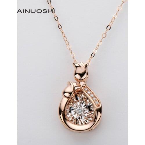 AINUOSHI 18K Hard Gold Craft 0.042ct Real Diamond Double Rose Flower Dancing Vintage Pendant Necklace Women Wedding Jewelry 18