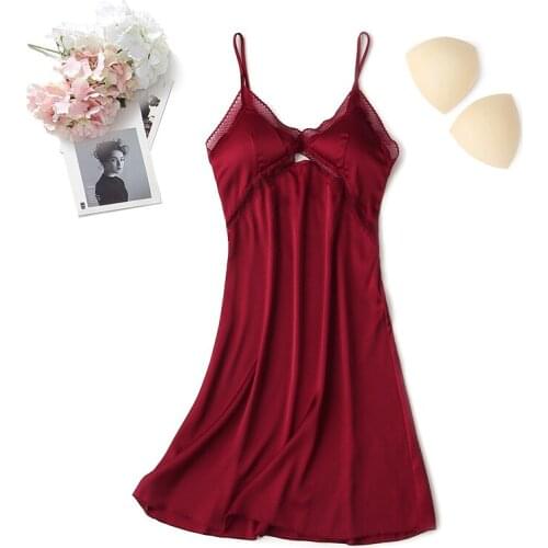 Burgundy Satin Strap Bride Nightdress Sexy Lace Hollow Out Sleepwear Solid Nighty Female Summer Intimate Lingerie Sleepshirts