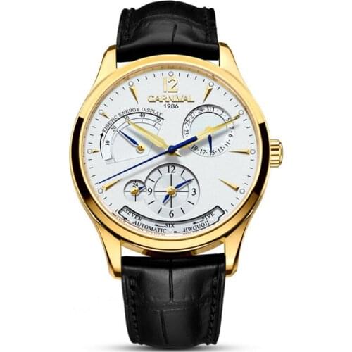 Carnival Mens Dual Time Zone Display Multifunction Leather Watchband Automatic Mechanical Watch - gold bezel white dial