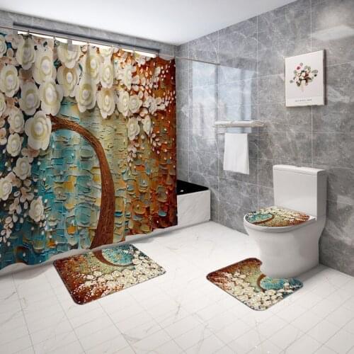 Floral Printed Carpet Mat for Bathroom and Shower Curtain 4pcs Toilet Seat Cover Rug Anti Slip Bathroom Rugs Quick Dry Rugs