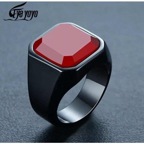 EyeYoYo Vintage Mens Square Carnelian Signet Ring Statement Black Stainless Steel Ring for Man #7-#12