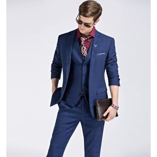 Formal High Quality Mens 2020 Latest Styles Slim Fit Lattice Business Mens Plaid Suits 3 Pieces Groom Wedding Suit 998