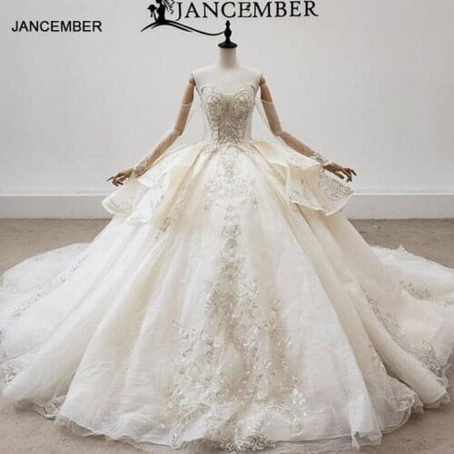 HTL2100 Long Sleeve Luxurious Sexy V-Neck Crystal Beading Sequined Wedding Dress 2021 For Woman Ball Gowns