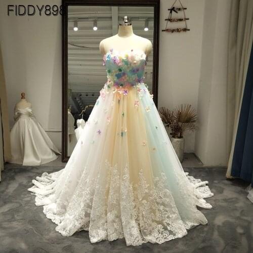 Multi color Wedding Dresses Tulle 3D flowers Bridal Gowns Rainbow Wedding Gowns Colorful Vetido de Novia 2020 robe de mariage