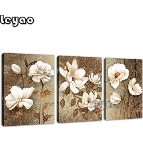5d Diamond painting Triptych Vintage decoration 3 pieces diamond embroidery white flower bathroom living room decoration