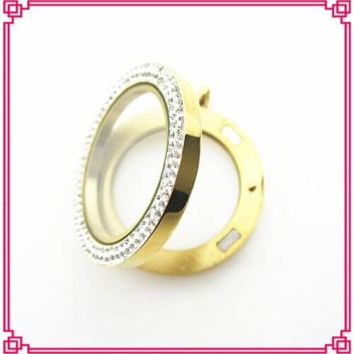 Wholesae 2 Rows Crystals Rose Gold Locket 34mm Magnetic 316L Stainless steel Floating Locket Pendant Jewelry Gift 10pcs/lot