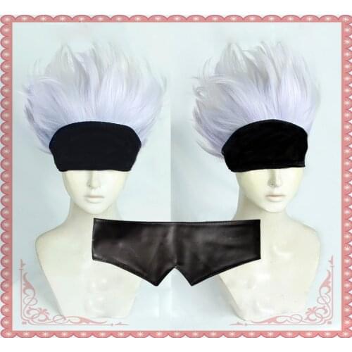 Anime Jujutsu Kaisen Gojo Satoru Cosplay Wig Short Heat Resistant Synthetic Hair Wigs + Wig Cap + Eye Patch
