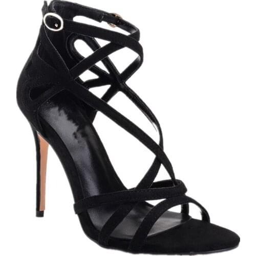 New design woman high heel sandals sexy open toe hollow style black straps Roman high heel sandals