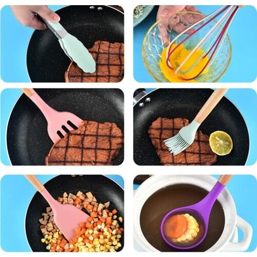Edible silicone spatula 12-piece set of colorful wooden handle kitchenware Cooking tableware Non-stick spatula Storage bucket