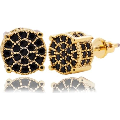 Hip Hop Iced Out Bling Round Black CZ Crystal Earrings For Women Men Micro Pave Luxury Gold Color Stud Earings Fashion Jewelry