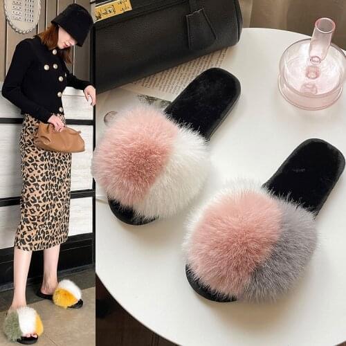 Sexy Faux Fur Slippers Women Furry Fluffy Slippers Outdoor Indoor Home Flat Shoes Female Casual Flops Slides Dropshopping Slides