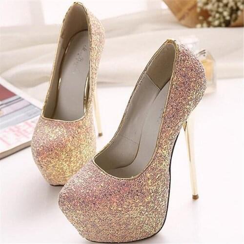 Womens shoes summer high heels sequined cloth Slip On Thin Heels 16.5 cm round head light color womens shoes
