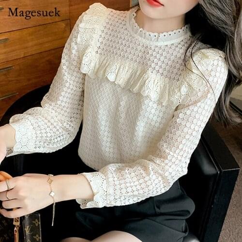 Autumn Women Long Sleeve Vintage Shirt French Elegant Ruffle Lace Blouse Crochet Polka Dot Hollow Top Simple Blusas Mujer 17050