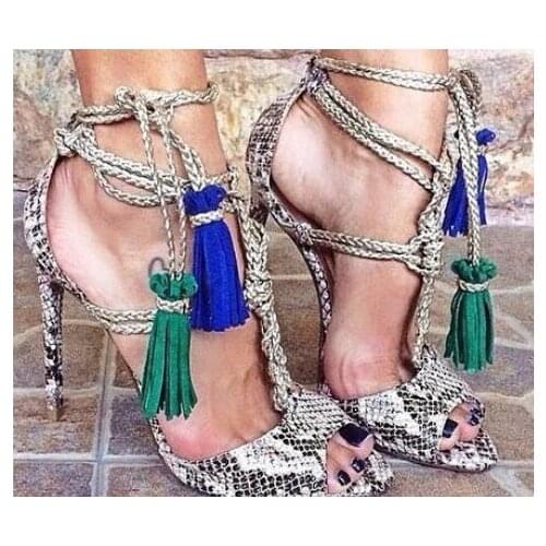Lace up heels women snakeskin sandals peep toe T-strap super high thin heels cutouts design ladies catwalk tassel shoes sandals