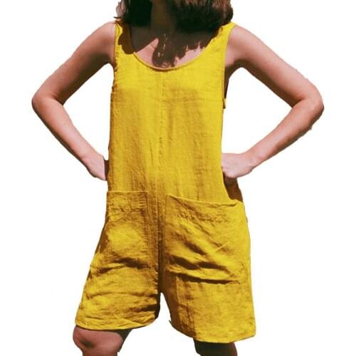 Summer Women Jumpsuit O Neck Solid Color Sleeveless Large Pockets Loose Fit Playsuit Romper Women Streetwear Jumpsuit 2021