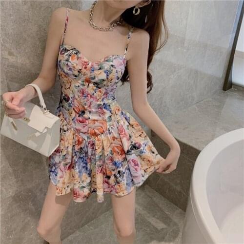 Summer Floral Sling Dress Women 2021 New Fashion Midi Strap Dress Sexy Purple Ruched Holiday Beach Dresses Femme Robe Sundress
