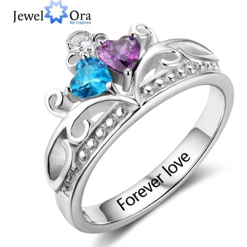 Heart Pattern Crown Birthstone Ring 925 Sterling Silver Engrave Name Anniversary Personalise Rings For Women (JewelOra RI102882)