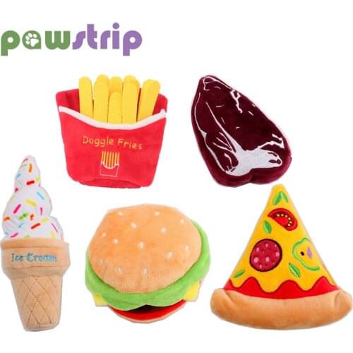 1pc Plush Squeaky Dog Toys Bite-Resistant Clean Dog Chew Toy Simulation Hamburger Steak Pizza Ice Cream Squeaky Toy for Pet