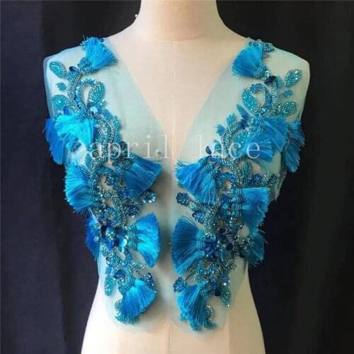 2021 Stock Mia079# Blue Color Hand Made Stone Beads Fringe Tulle Accessory For Saw Wedding Bridal Dress Fashion Designer