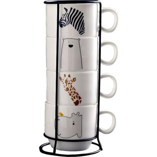 4pcs/set Cute Mini Coffee Mugs 140ml Ceramic Milk Mug Porcelain Water Cups with Storage Rack Home Drinkwares