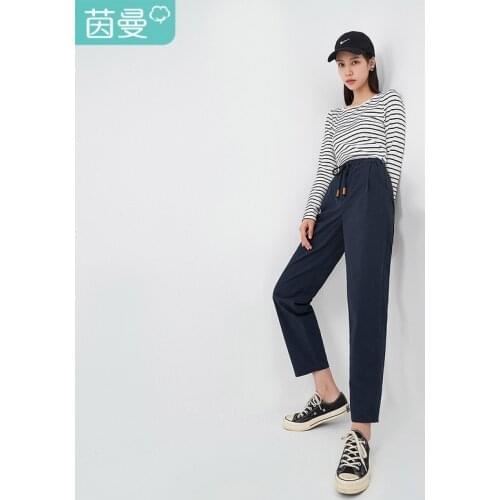INMAN Trousers Straight Shape Causal Style Rubber Band Minimal Design Women Pant