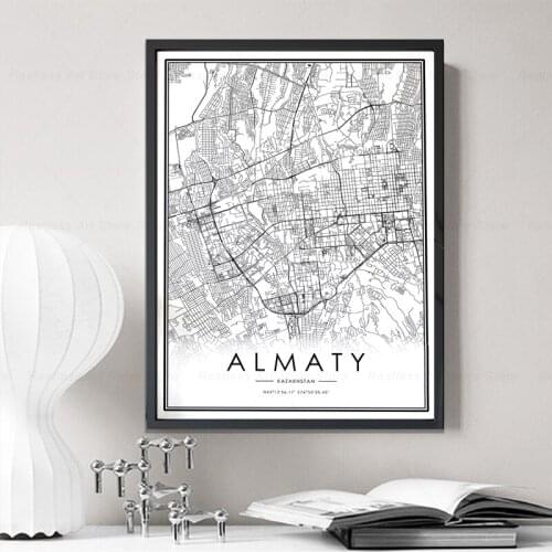 Black White ALMATY City Map Canvas Print Kazakhstan Wall Art Painting Modern Nordic Decoration Picture Living Room Home Decor