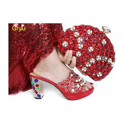 Doershow nice looking Shoes and Bag Set African Sets 2019 RED Color Italian Shoe Bag Set Decorated with Rhinestone!HAC1-2