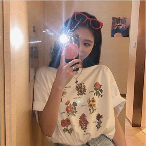 Flower Print T shirt Women Spring Summer Short Sleeve Round Neck T-shirt Woman Casual Slim Fit Tee shirt Femme