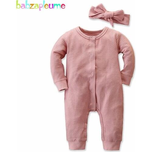 2Piece/Spring Newborn Rompers For Baby Girls Clothes Cute Long Sleeve Cotton Solid Jumpsuit+Headband Infant Clothing Set BC1840