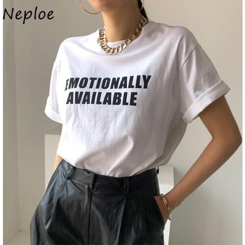 Neploe Korean Chic Casual Cotto T Shirt Women O Neck Pullover Short Sleeve Loose Tees Summer 2021 New Letter Print Top Lady