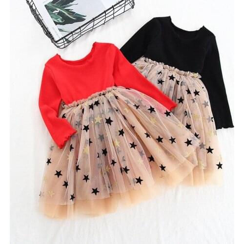 2020 Kids Long Sleeve Lace Drsses for Girls Party Dresses Star Printed Birthday Tutu Dresses Children Spring Casual Vestidos
