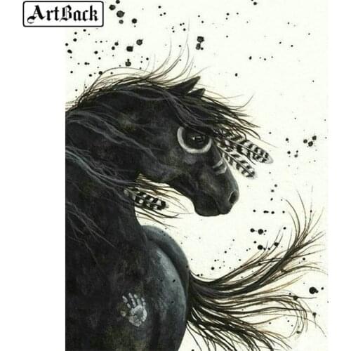 Full square 5d diy diamond painting horse art sticker animal diamond mosaic 3d round drill black horse handmade crafts 20x25cm