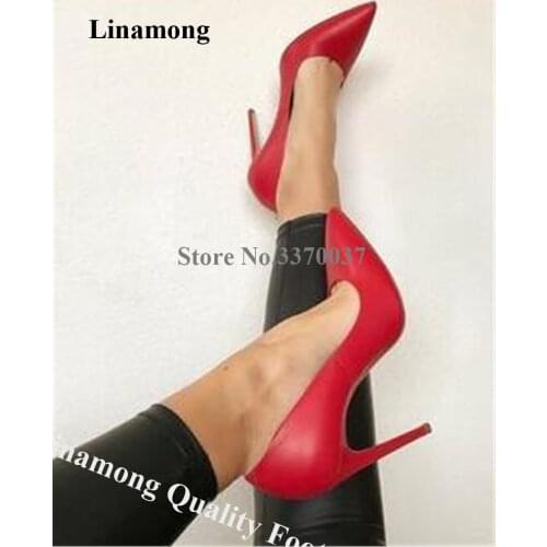 Linamong Top Brand Design Pointed Toe Stiletto Heel Matte Leather Pumps Red Purple Brown High Heels Popular Shallow Dress Shoes