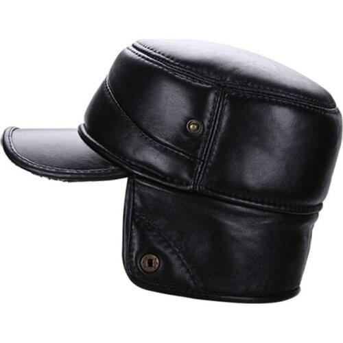 Adult Genuine Leather Hat Mens Flat Cap Students Leisure Winter Warm Ear Protection Hat Thickening Warm Cap B-7136