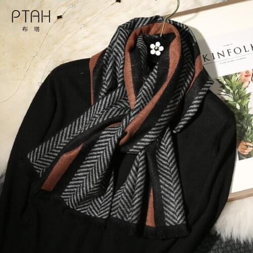 [PTAH] 180*30cm Mens Silk Scarf Brand Designer Scarf Men Fashion 100% Mulberry Silk Scarf Geometric Striped Scarves Shawl Wraps