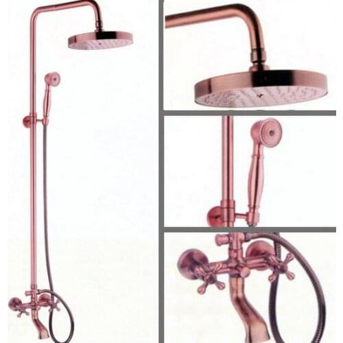 Antique Red Copper Wall Mounted Rain Bathroom Rainfall Shower Faucet Set with Hand Spray Shower Head Tub Mixer Tap 2rg013