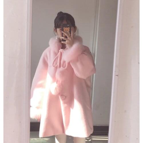 A Dream Coat for Sweet Girls Cute Winter Long Sleeve Wool Blend Coat Long Outwear Fox Fur Trim High Quality Luxury Kawaii Pink