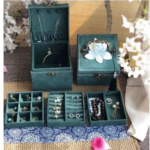 HOSENG Portable Inner Three-Layer Jewelry Box Chinese Embroidery Copper Lock Buckle Retro Ring Earring Storage Casket HS_6452