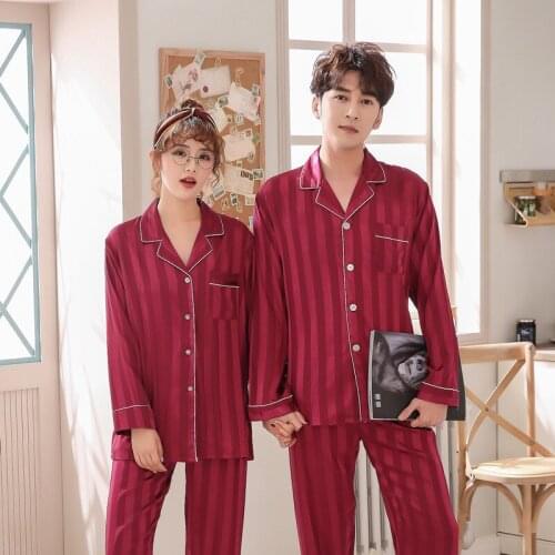Lovers Pyjamas Women Full Sleeve Silk Satin Pajama Sets Striped Couple Pajamas For Women Sleepwear Sets Pijama Mujer XXXL