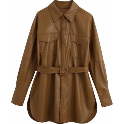 Shirt female 2021 new Europe and the United States lapel accept waist long sleeve winter long leather jacket